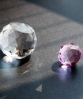 12 Inch Gazing Ball Spiral Tail Dope Wind Spinner With Stainless Steel Construction Two Crystal Glass Prism Balls Hanging Swivel Hook Weatherproof Outdoor Yard Garden Decor Purple, close-up of crystal balls