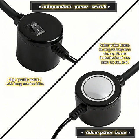 Close-up of independent power switch and magnetic base of Bright 30 LED Sewing Machine Light With Flexible Silicone Neck And Magnetic Base.