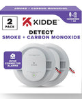 Product box of a Hardwired Smoke And Carbon Monoxide Detector With Battery Backup 2 Pack Interconnectable 120V AC Ceiling Alarm System With LED Indicator Lights For A Safer Home And Peace Of Mind Every Day, showing two interconnected detectors.