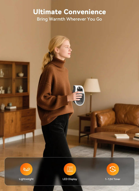 Person holding Power Saving 450W Space Heater With Remote Wall Outlet Plug As Seen On TV Adjustable Thermostat In Living Room