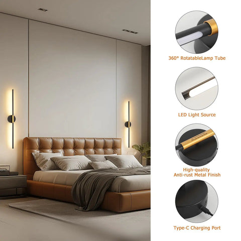 Rechargeable Battery Operated Wall Sconces Set Of 2 No Wiring Needed Gold And Black LED Wall Lights in bedroom with bed.