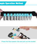 Hands showing operation of Quarter Inch Drive 10 Piece Metric Socket Set With 6-Point Shallow Sockets Pro Grade Tough Cr-V Steel.