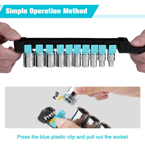 Hands showing operation of Quarter Inch Drive 10 Piece Metric Socket Set With 6-Point Shallow Sockets Pro Grade Tough Cr-V Steel.