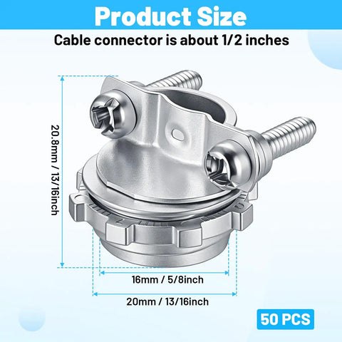 Heavy Duty Zinc Wire Clamps Bulk Pack Of Fifty Secure Electrical Box Connectors With Ironclad Strain Relief Fittings, 1/2 inch size.