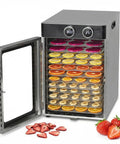 Heavy Duty Electric Food Dehydrator With 12 Premium Stainless Steel Trays And Precise Heat Controls For Making Homestyle Jerky Dried Produce And Pet Treats Total Game Changer with assorted dried fruits inside.