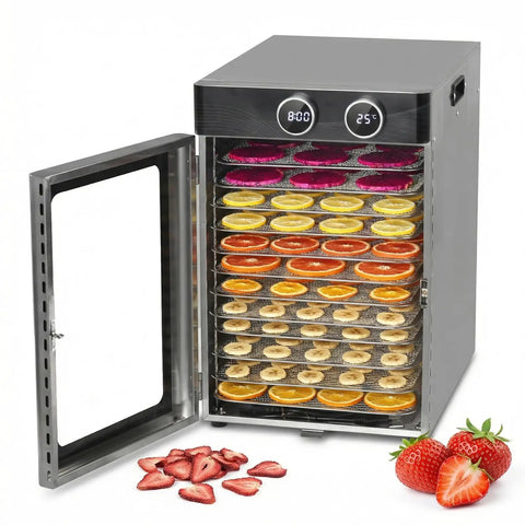 Top Shelf Electric Food Dehydrator Loaded With Twelve Heavy Duty Stainless Trays And Rock Solid 1200 Watt Punch For Smokin Hot Jerky And Air Drying Fresh Harvests Smooth As Pie Up To One Ninety Four Degrees, showing colorful dried fruits.