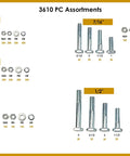 Contents of the Massive 3,610 Piece Stainless Steel 18-8 Hardware Assortment Kit with various screws and nuts sizes displayed.