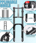 20 Inch Fat Tire Front Suspension Fork For Snow And Beach Mountain Bikes 180mm Travel 135mm Hub Spacing 9mm Quick Release One And One Eighth Inch Straight Steerer Oil Filled Ebike Fat Fork Double Crown with applicable models diagram