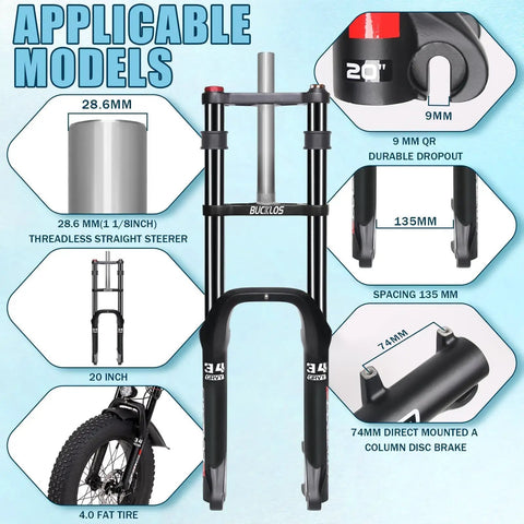 20 Inch Fat Tire Front Suspension Fork For Snow And Beach Mountain Bikes 180mm Travel 135mm Hub Spacing 9mm Quick Release One And One Eighth Inch Straight Steerer Oil Filled Ebike Fat Fork Double Crown with applicable models diagram