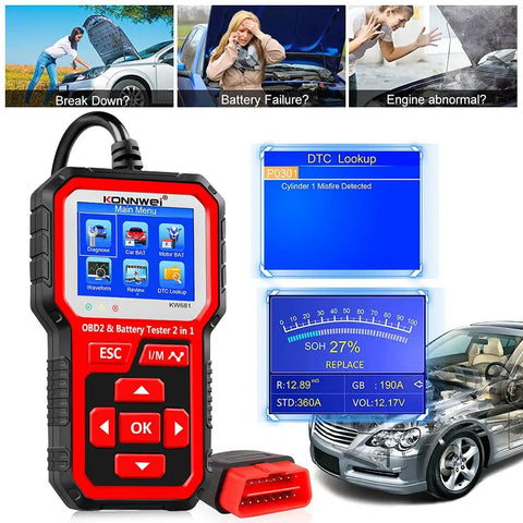 2 In 1 OBD2 Scanner And Battery Tester For 6V/12V Cars And Light Trucks, Car Diagnostic Scan Tool With Check Engine Codes, Live Data, O2 Sensor, Freeze Frame, Alternator Load Test on handheld device