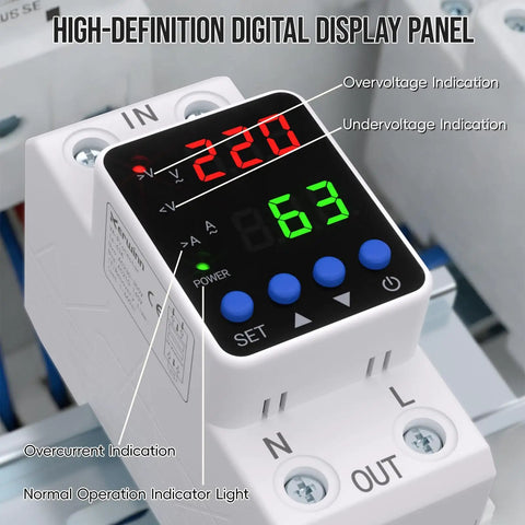 Adjustable Voltage Protector And Smart Circuit Breaker For 110V/220V Use Handles 80-210V Undervoltage To 130-300V Overvoltage 1-63A AC DIN Rail Voltage Stabilizer With Real Time Display And Overcurrent Protection. Front digital display with voltage and current indicators on DIN rail module