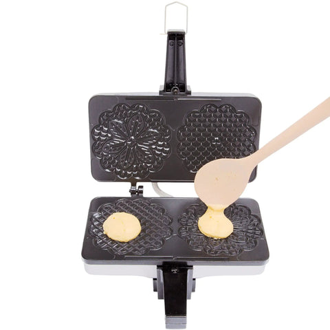 Authentic Italian Pizzelle Maker Electric Baker Press Makes Two 5 Inch Cookies with batter being poured onto non-stick plates.
