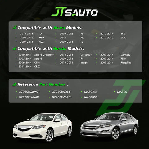 Image showing compatibility list for Mass Air Flow Sensor MAF For Honda Civic, Accord, Odyssey, Pilot, MDX, RDX, TL, RL And More.
