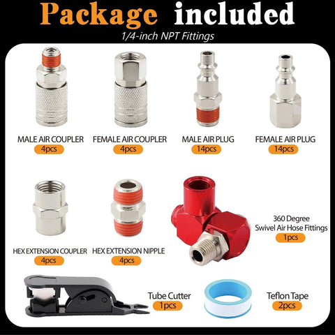 All In One 48 Piece Quick Connect Air Hose Fittings Kit With One Quarter Inch NPT Threads Includes Female And Male Couplers And Plugs