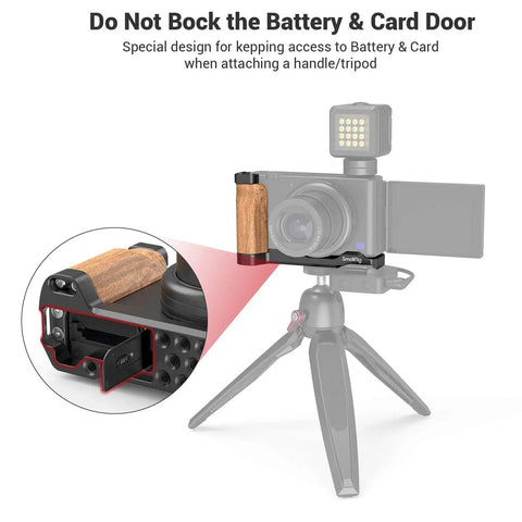 L-Shape Bracket Wooden Grip With Cold Shoe For Sony ZV1 Digital Camera showing battery and card access on tripod mount