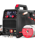 Hot Shot 140A Multi Process Welder For Pros: 110V 220V, black and red welding machine with digital controls and accessories.