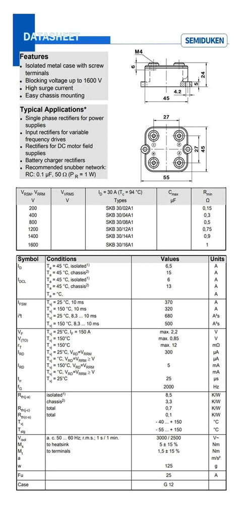 High Performance 30A Power Module Skb30 1600V Electrical Bridge Diode datasheet showing specifications and features.