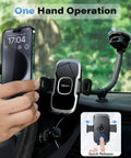 Heavy Duty Universal Car Truck Phone Mount With Rock Solid 14 Inch Gooseneck Long Arm And No Fuss Quick Release Button for one hand operation.