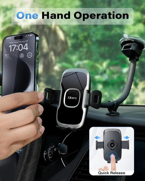 Heavy Duty Universal Car Truck Phone Mount With Rock Solid 14 Inch Gooseneck Long Arm And No Fuss Quick Release Button for one hand operation.