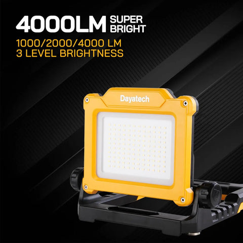 Rechargeable LED Work Light Cordless Portable 4000LM With Magnetic Base in yellow with 3 brightness levels.