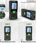 Dope Green Beam Laser Measure Hella Accurate 165 Foot Portable Distance Meter With Bright Backlit Display measuring distance with dual bubble levels.