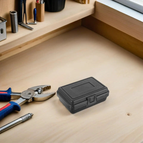 Three Piece Compact Dark Hardshell Toolbox Set Featuring Heavy Duty Waterproof Design For Engineers And Mechanics on wooden workbench