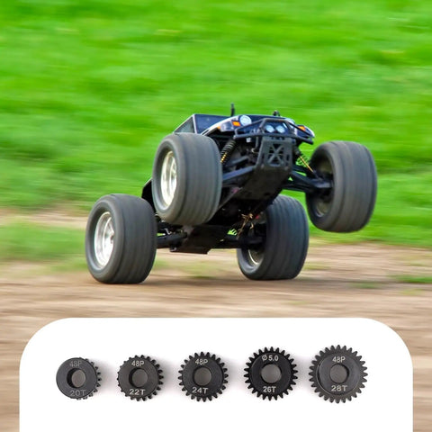 RC car with Power Packed 48DP Pinion Gear Set For 1 To 10 RC Cars Five Hardened Steel Gears 20T 22T 24T 26T 28T With 5mm Holes And M4 Screws