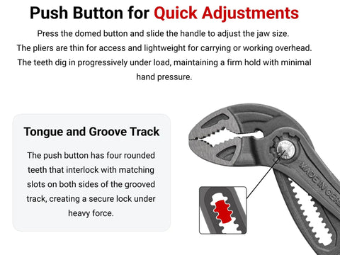 Five Inch Angle Nose Push Button Adjustable Pliers With Quick Adjust Button And Secure Tongue And Groove Track shown close-up.