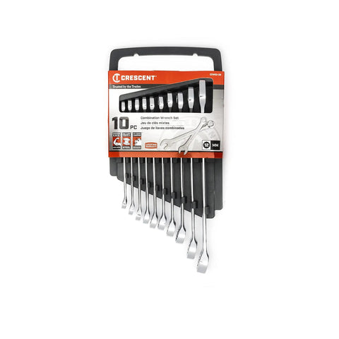 10 Piece 12 Point Metric Combination Wrench Set With Off Corner Loading For Maximum Grip, chrome alloy steel, sizes visible