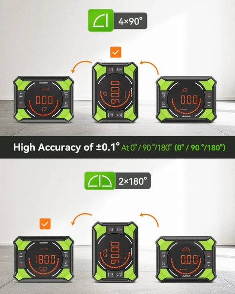 Three In One Digital Angle Gauge With Laser Level And Magnetic Base For DIY Woodworking Rechargeable 2 Beam Laser Level With Horizontal And Vertical Lines Measures 0 To 90 And 0 To 180 Degrees Ultra Handy Pro Grade Tool shown upright and flat