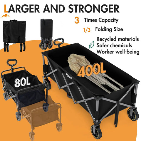 51.2 Inch Long Foldable Wagon With Brakes And Cargo Net shown folded and unfolded, highlighting larger 400L capacity.