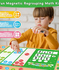 Child using Regrouping Base Ten Place Value Math Kit With 66 Pieces for hands-on addition and subtraction, featuring magnetic grid.