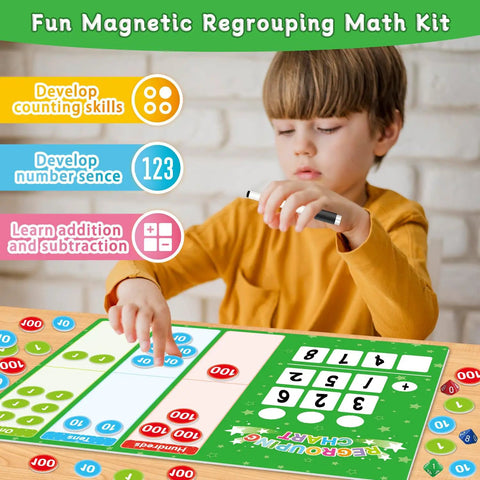 Child using Regrouping Base Ten Place Value Math Kit With 66 Pieces for hands-on addition and subtraction, featuring magnetic grid.