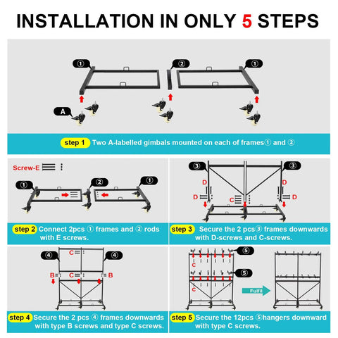 Assembly guide in 5 steps for Heavy Duty Folding Chair Dolly Cart with instructions and labeled parts for easy installation.
