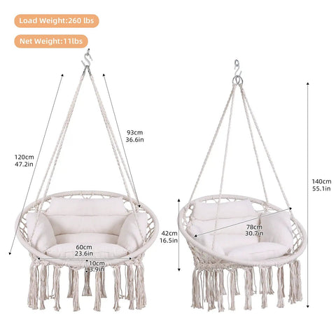 Macrame Hammock Chair With Cushion And Hardware Kit For Indoor And Outdoor Chill Boho Swing Seat dimensions and design