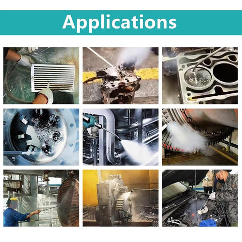 Various applications of Pro Grade Industrial Dry Ice Blasting System for equipment cleaning and surface restoration shown.