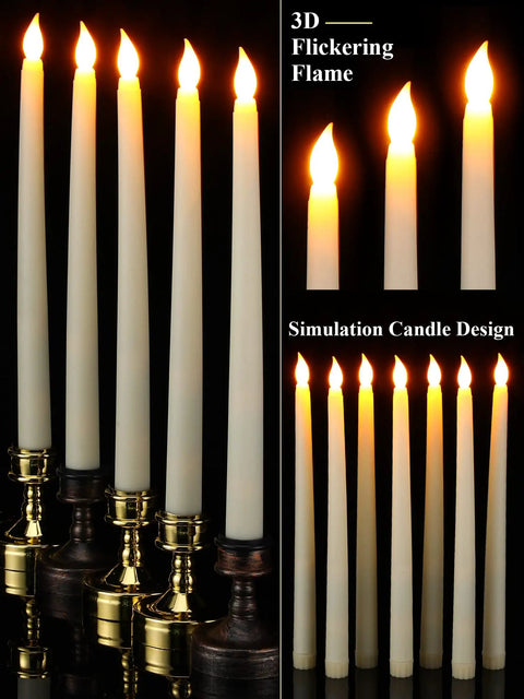 24 Pack Flameless Taper Candles Battery Operated LED Candles With Realistic Flicker, 11 Inch Ivory Tapered Candles displayed with holders
