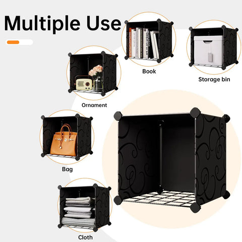 Portable 25-Cube Storage Organizer With 14x14 Inch Cubes, Heavy-Duty Metal Panel Shelving, shown with books and storage bins