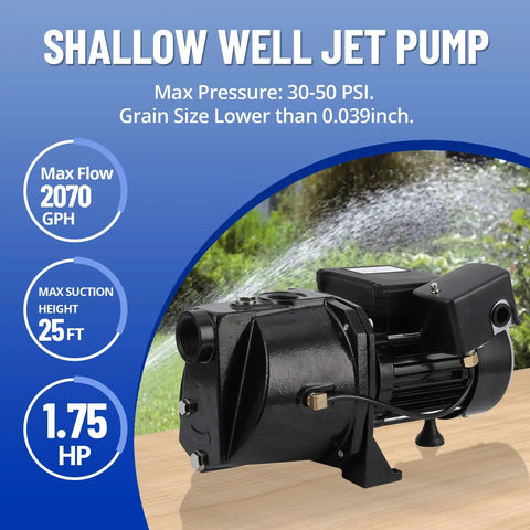 1.75 HP Cast Iron Shallow Well Jet Pump 2070 GPH Above Ground Booster Water Transfer Pump 0 To 25 Ft Deep Dual Voltage