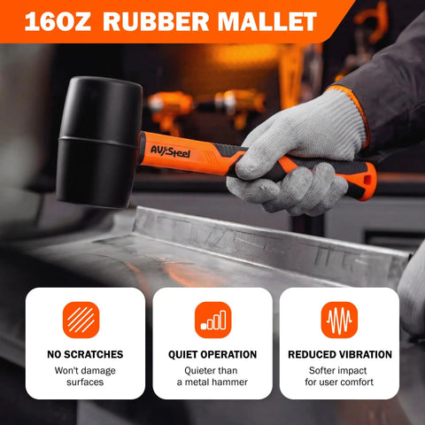 Person holding 16 oz rubber mallet from Two Pack Rubber Mallet Hammer Set With 16 Oz Soft Mallet And 33mm Double Faced Mallet Replaceable Heads Fiberglass Handle Damage Free For Flooring Tile Woodworking Furniture Assembly And DIY Projects