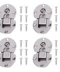 Semicircular Zinc Alloy Cabinet Hinge, Concealed 90 Degree Flip Door Hinge with screws, shown in metal finish.