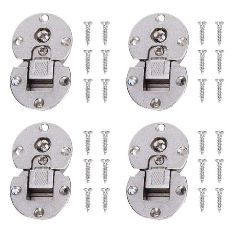 Semicircular Zinc Alloy Cabinet Hinge, Concealed 90 Degree Flip Door Hinge with screws, shown in metal finish.