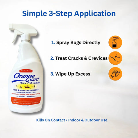 All Natural D Limonene Go To Pest Control Spray With Orange Peel Oil 32oz bottle showing simple 3-step application method.