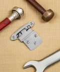 Heavy Duty Self Closing Flush Mount Cabinet Hinges 4 Pack With Quiet Close Iron Construction on beige background with tools