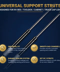 Beefy Heavy Duty 12 Inch 30 Lb Gas Strut Lift Supports for Camper Shell and RV Tool Box Set of 2, shown with benefits icons