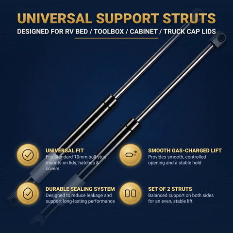 Beefy Heavy Duty 12 Inch 30 Lb Gas Strut Lift Supports for Camper Shell and RV Tool Box Set of 2, shown with benefits icons