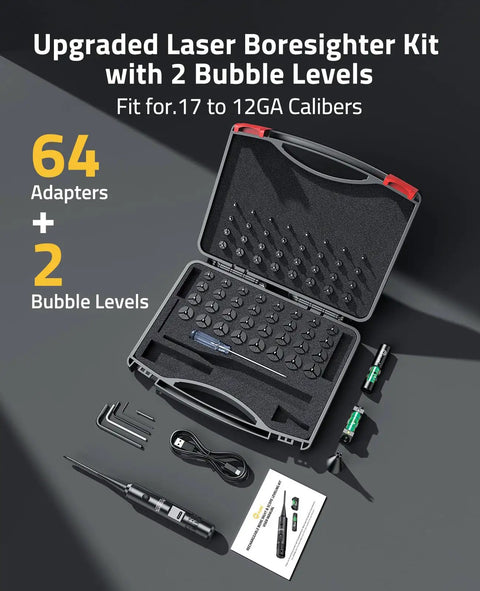 Two In One Rechargeable Laser Boresighter And Scope Leveling Kit with 64 adapters and 2 bubble levels for calibers .17 to 12GA