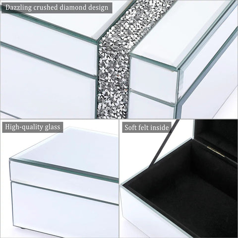 Lux Glass Mirrored Jewelry Box With Crushed Diamonds Strip Decor and Blinged Out Sparkle Accent, interior soft felt lining
