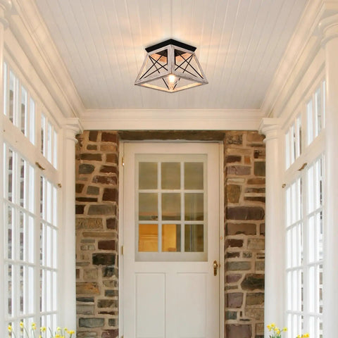 Farmhouse White Square Ceiling Light Fixture Semi Flush Mount With Rustic Iron Frame And Faux Wood Grain Finish installed in entryway