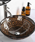 Tempered Glass Bathroom Vessel Sink Round Antique Totem Pattern Above Counter Lavatory Vanity Bowl For Arts And Crafts Style Bath Dope Statement Piece with bronze finish and faucet
